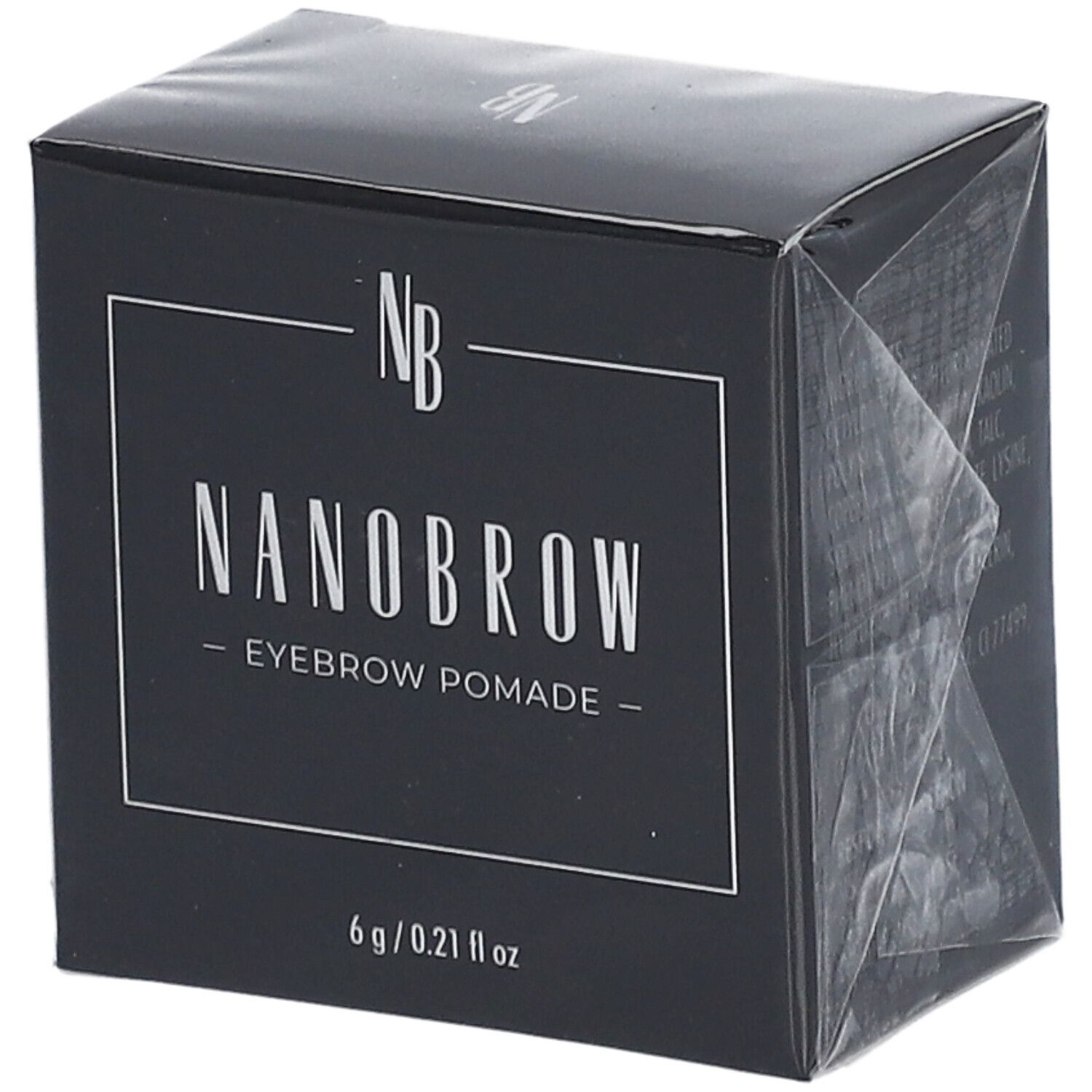 Schwarze Verpackung mit weißem Text. NANOBROW Eyebrow Pomade. 6 g / 0.21 fl oz. Eckige Schachtel.