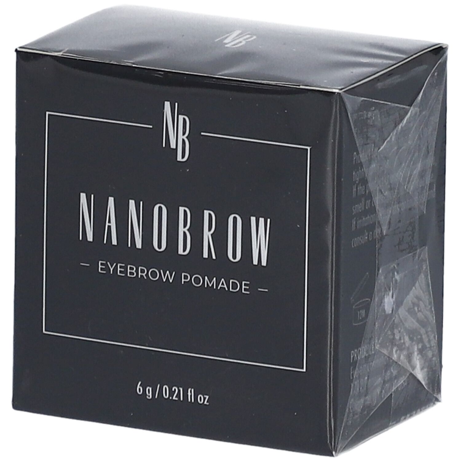 Schwarze Schachtel mit weißem Text. NANOBROW Eyebrow Pomade. 6 g / 0.21 fl oz. Eckige Form.
