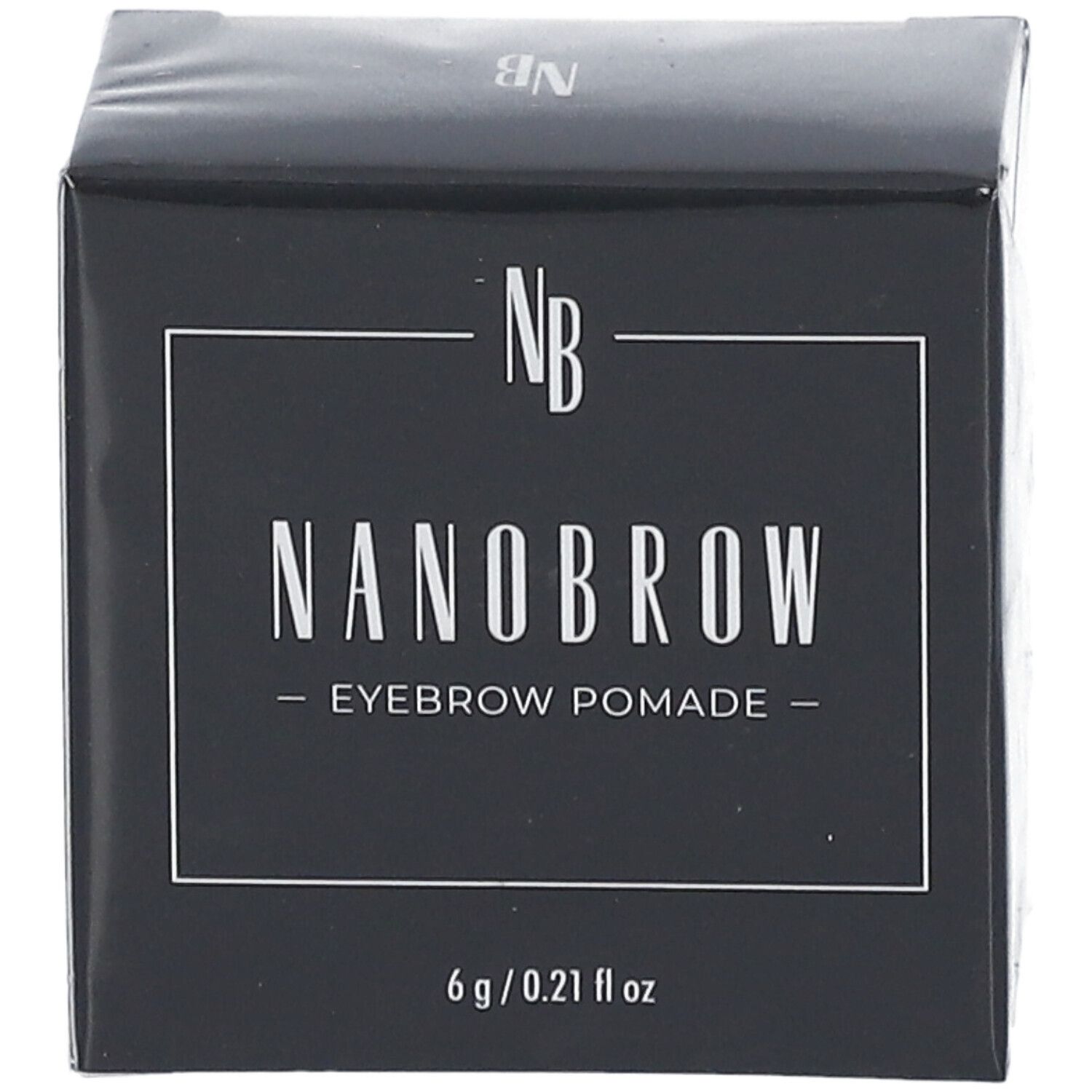 Schwarze Schachtel mit weißem Text. NANOBROW Eyebrow Pomade. 6 g / 0.21 fl oz. Eckige Form.