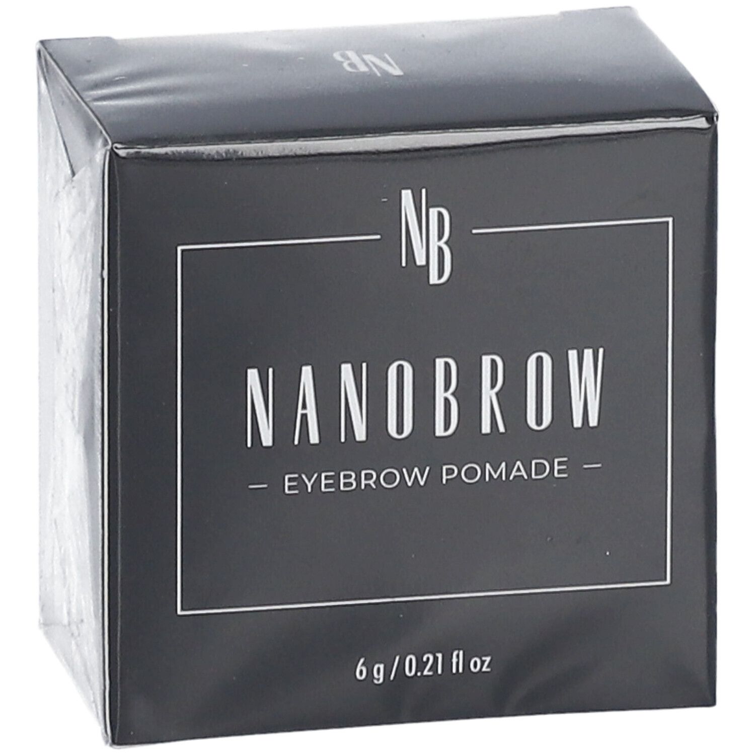 Schwarze Schachtel mit weißem Text. NANOBROW Eyebrow Pomade. 6 g / 0.21 fl oz. Eckige Form.