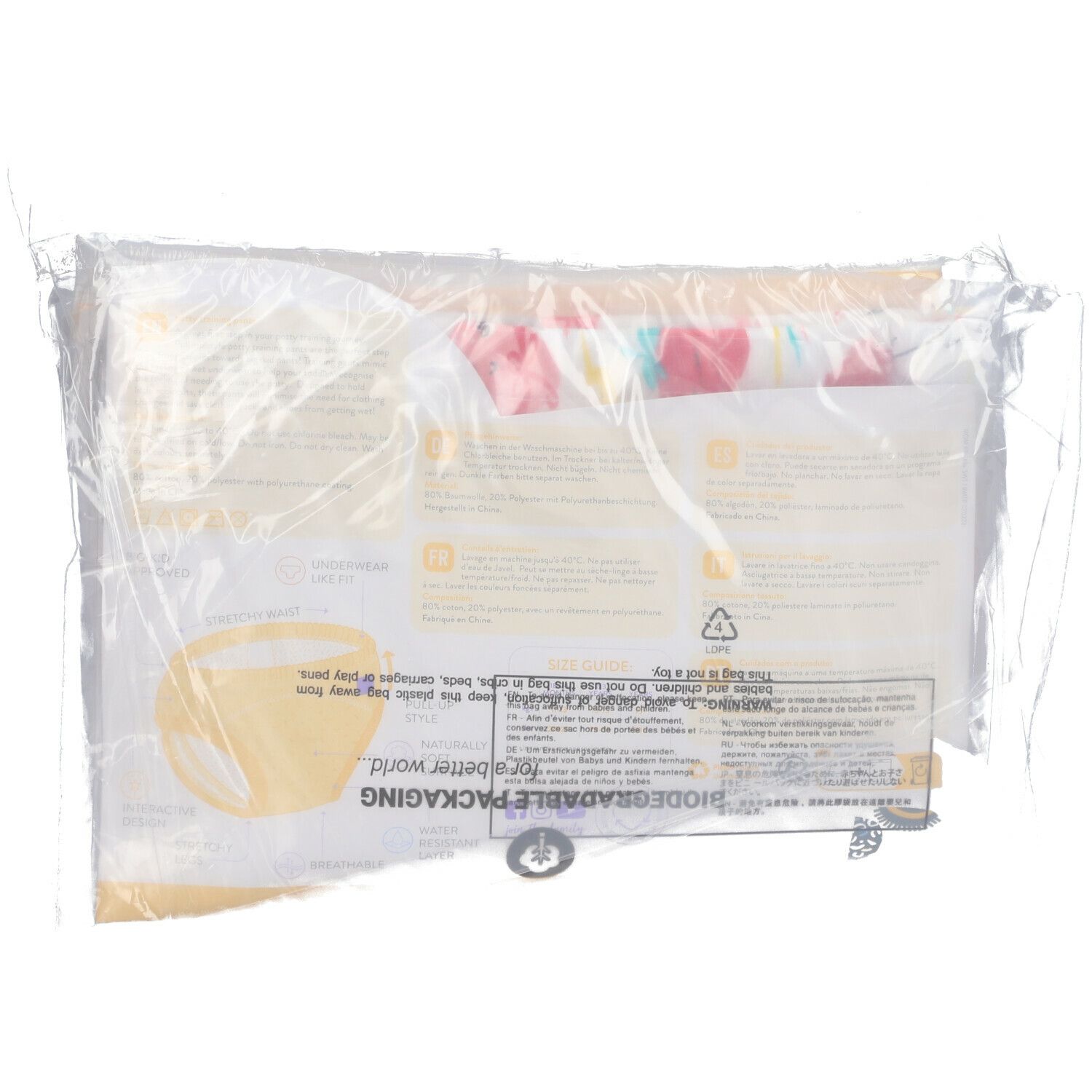 Verpackung mit Produktinformationen. Transparente Folie mit Aufdrucken und Logo.