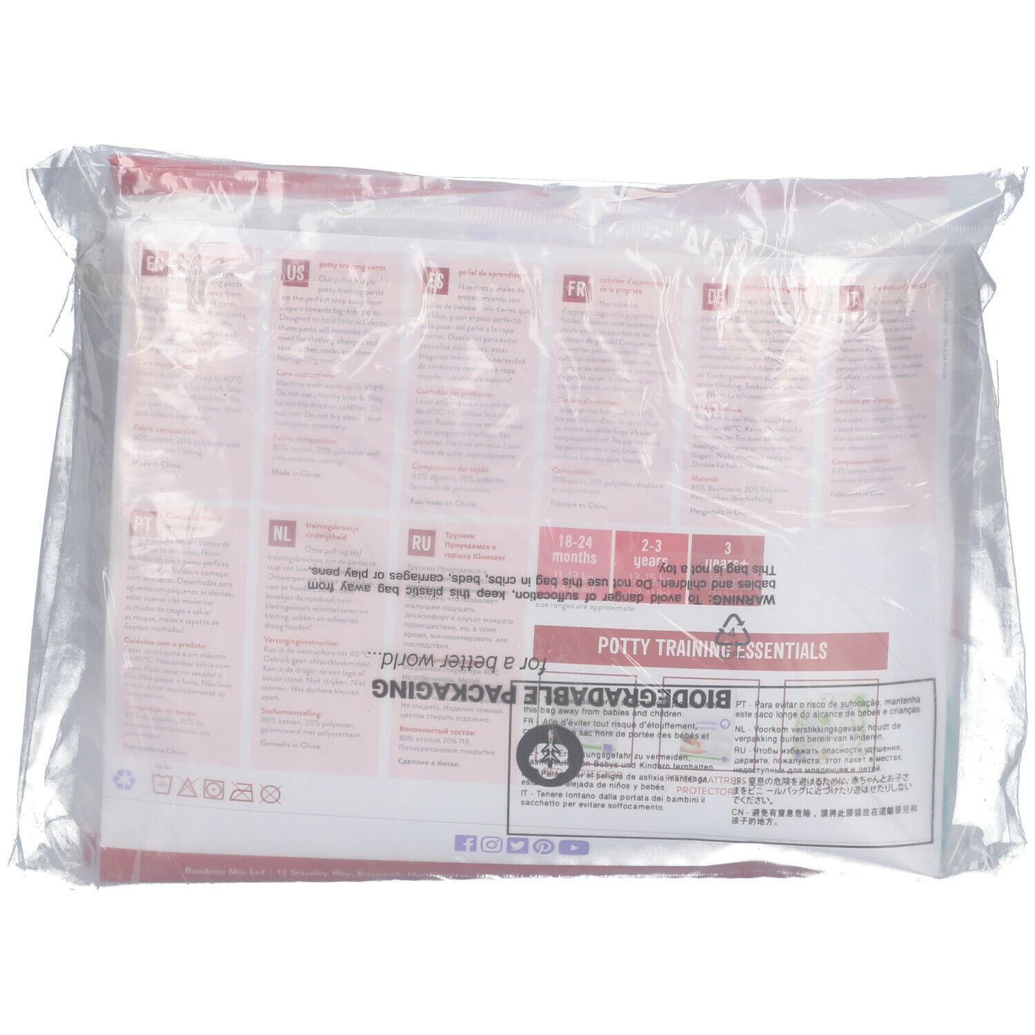 Rückseite der Verpackung. Mehrsprachiger Text. Informationen zu den Größen. Biologisch abbaubare Verpackung.