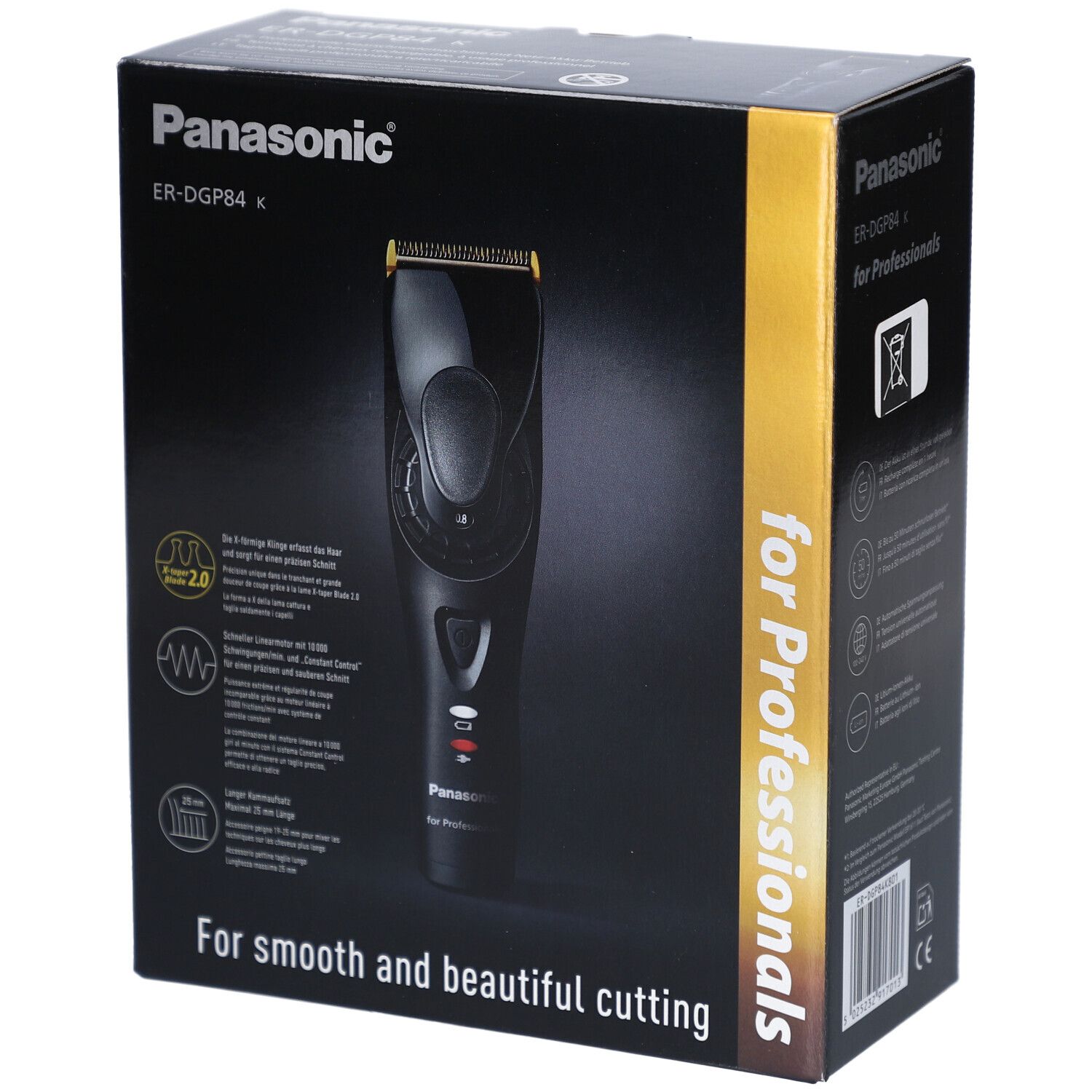 Schwarze Produktverpackung mit Panasonic-Logo und Haarschneider-Abbildung. Text: "For Professionals" und "For smooth and beautiful cutting".
