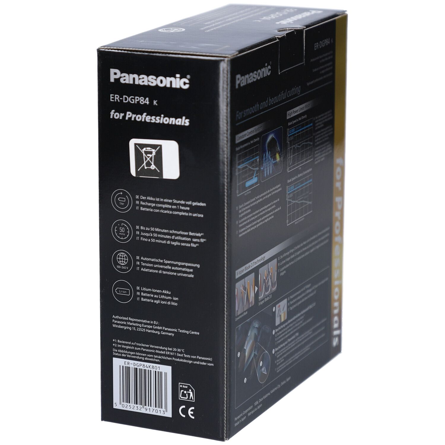 Seitenansicht der schwarzen Produktverpackung. Panasonic-Logo, Produktinformationen und Text: "For Professionals".