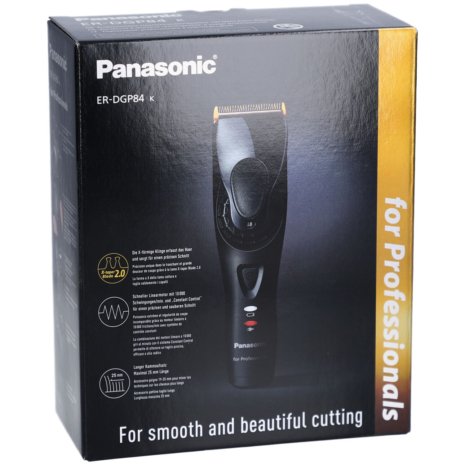 Schwarze Produktverpackung mit Panasonic-Logo und Haarschneider-Abbildung. Text: "For Professionals" und "For smooth and beautiful cutting".