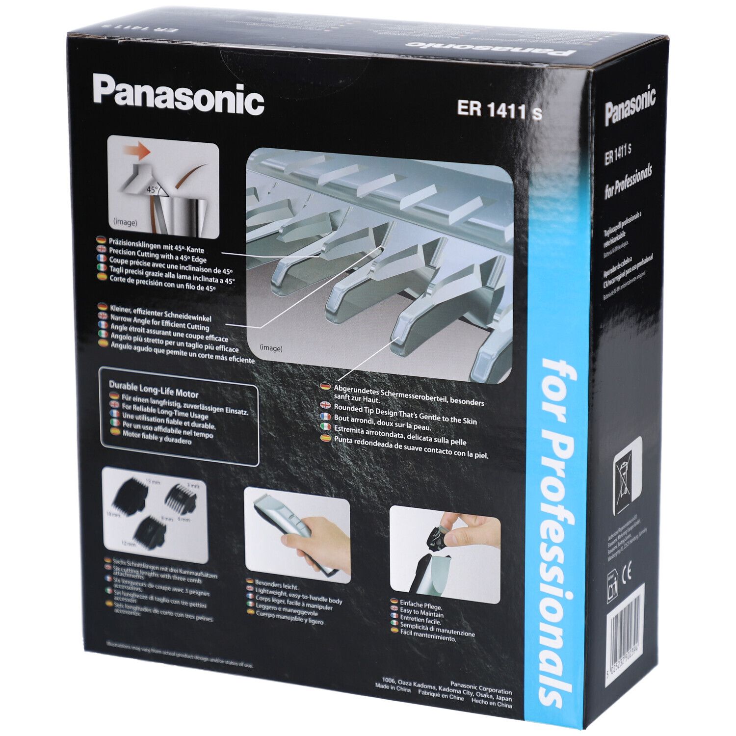 Schwarzer Karton. Panasonic ER 1411 S. Details zum Schneidewinkel. Abbildungen von Zubehör und Produktmerkmalen.