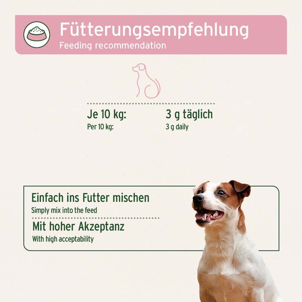 Fütterungsempfehlung. Text: Je 10 kg: 3 g täglich. Hund neben Text. Text: Einfach ins Futter mischen.