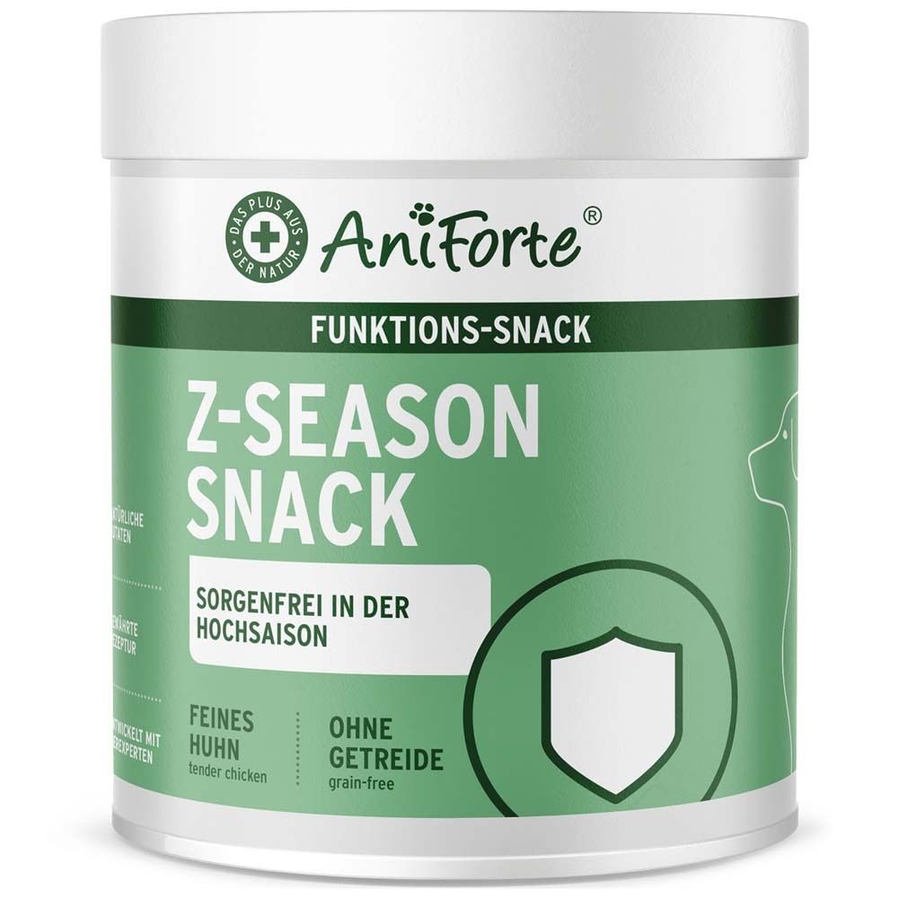 Weißer Behälter mit grünem Deckel. Aufschrift: AniForte, Funktions-Snack, Z-Season Snack. Ohne Getreide, feines Huhn.