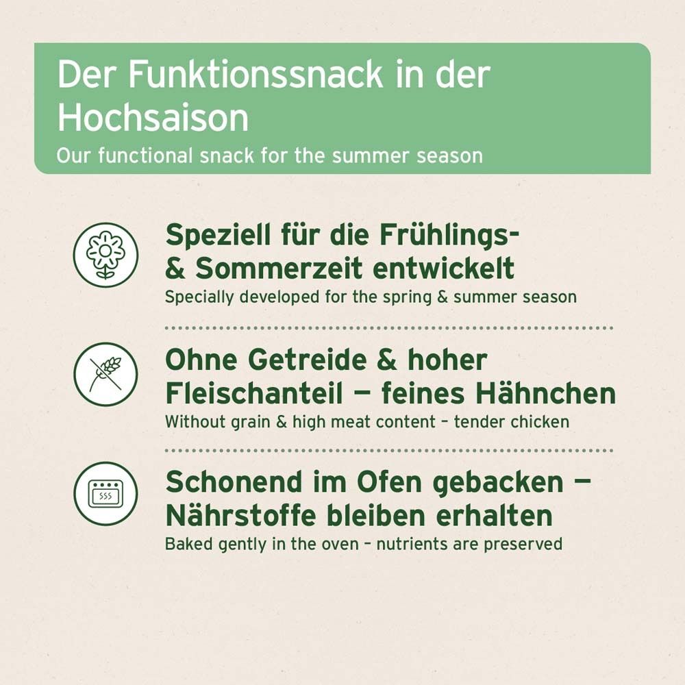 Text mit Informationen zum Funktionssnack. Speziell für Frühling & Sommer. Ohne Getreide, hoher Fleischanteil. Schonend gebacken.