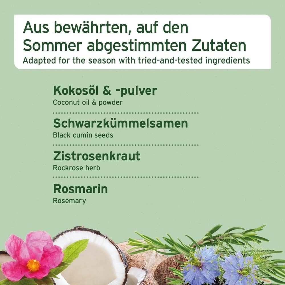 Text mit Zutaten: Kokosöl, Schwarzkümmelsamen, Zistrosenkraut, Rosmarin. Dekoration mit Kokosnuss, Rosmarin und Blüten.