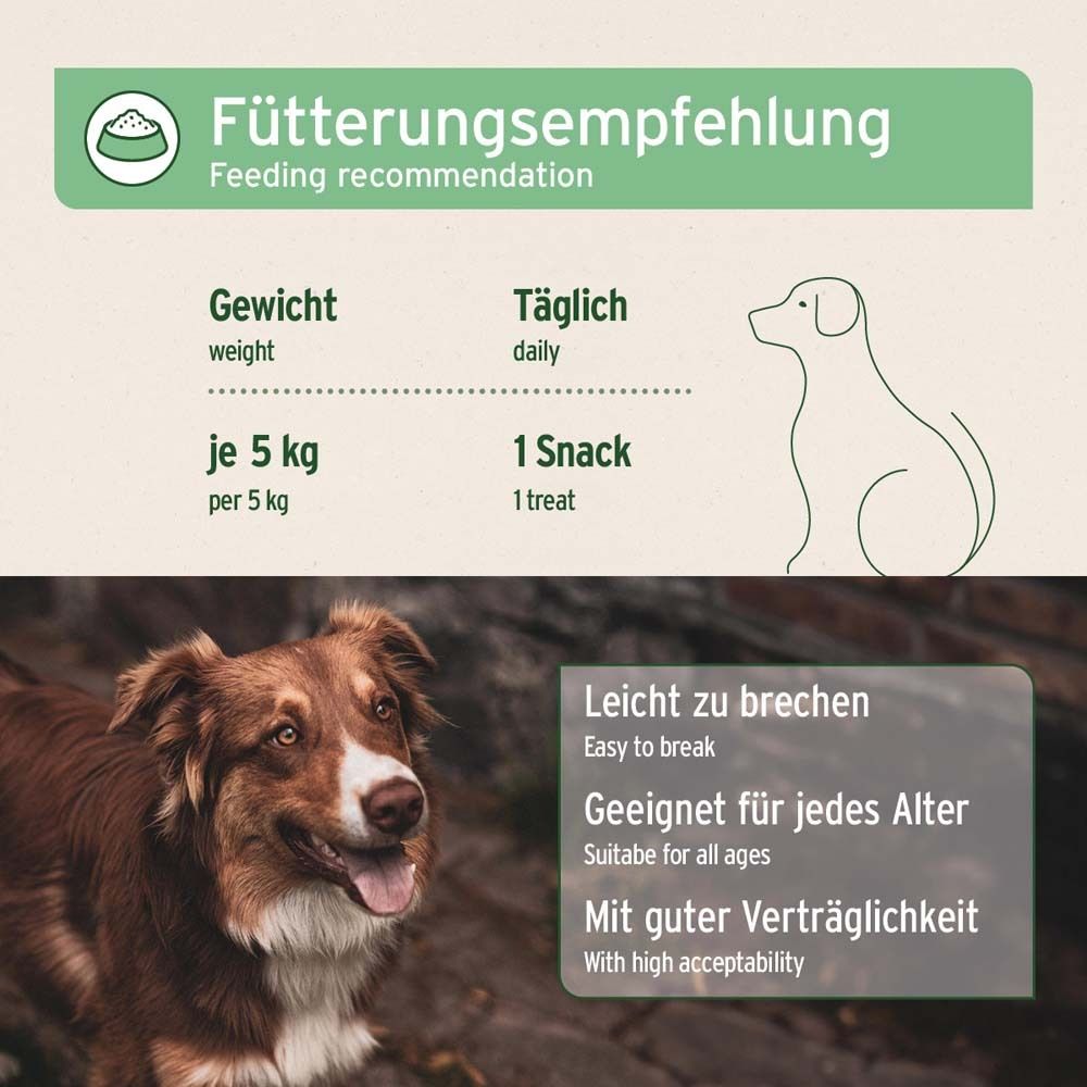 Fütterungsempfehlung. Gewicht pro 5 kg: 1 Snack täglich. Geeignet für jedes Alter. Mit guter Verträglichkeit.