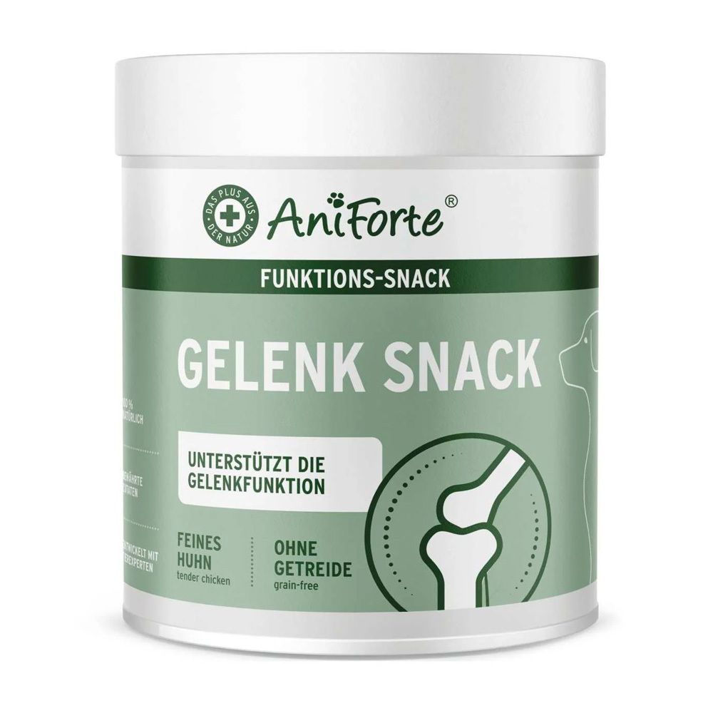 Weißer Behälter mit grünem Etikett. Aufschrift: Gelenk Snack, AniForte. Illustration eines Gelenks. Ohne Getreide.