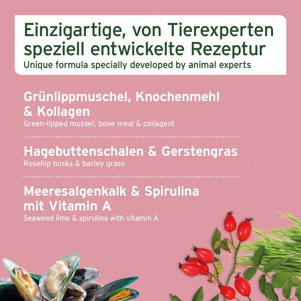 Inhaltsstoffe: Grünlippmuschel, Knochenmehl & Kollagen, Hagebuttenschalen & Gerstengras, Meeresalgenkalk & Spirulina.