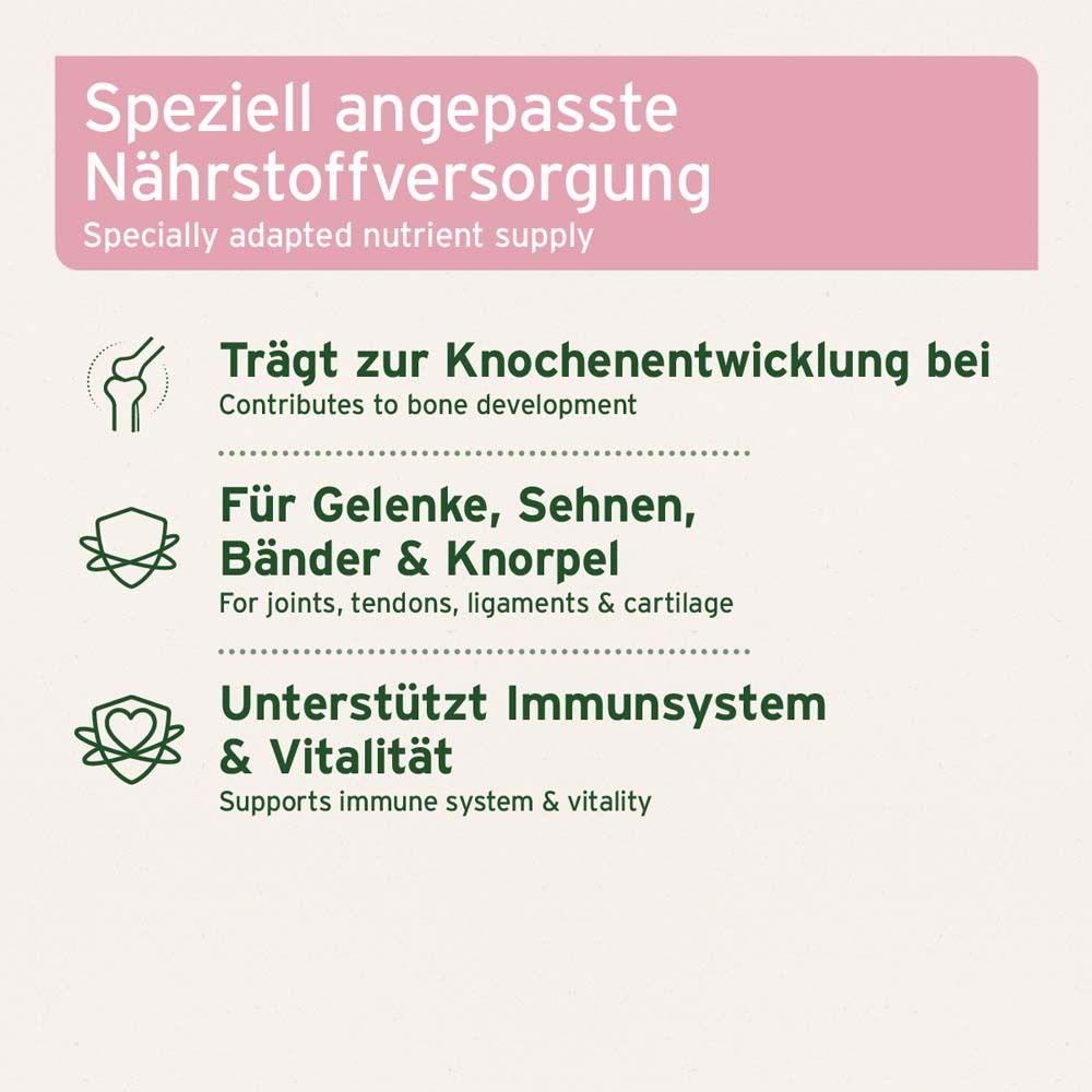 Nährstoffversorgung für Knochenentwicklung, Gelenke, Sehnen, Bänder & Knorpel, unterstützt Immunsystem & Vitalität.
