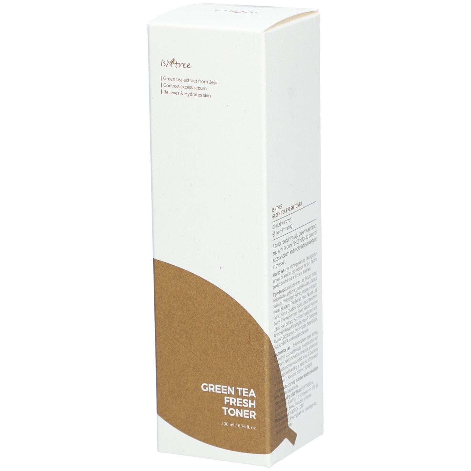 Weiße Verpackung mit braunem Akzent. Aufschrift: Green Tea Fresh Toner. Marke: Isntree.