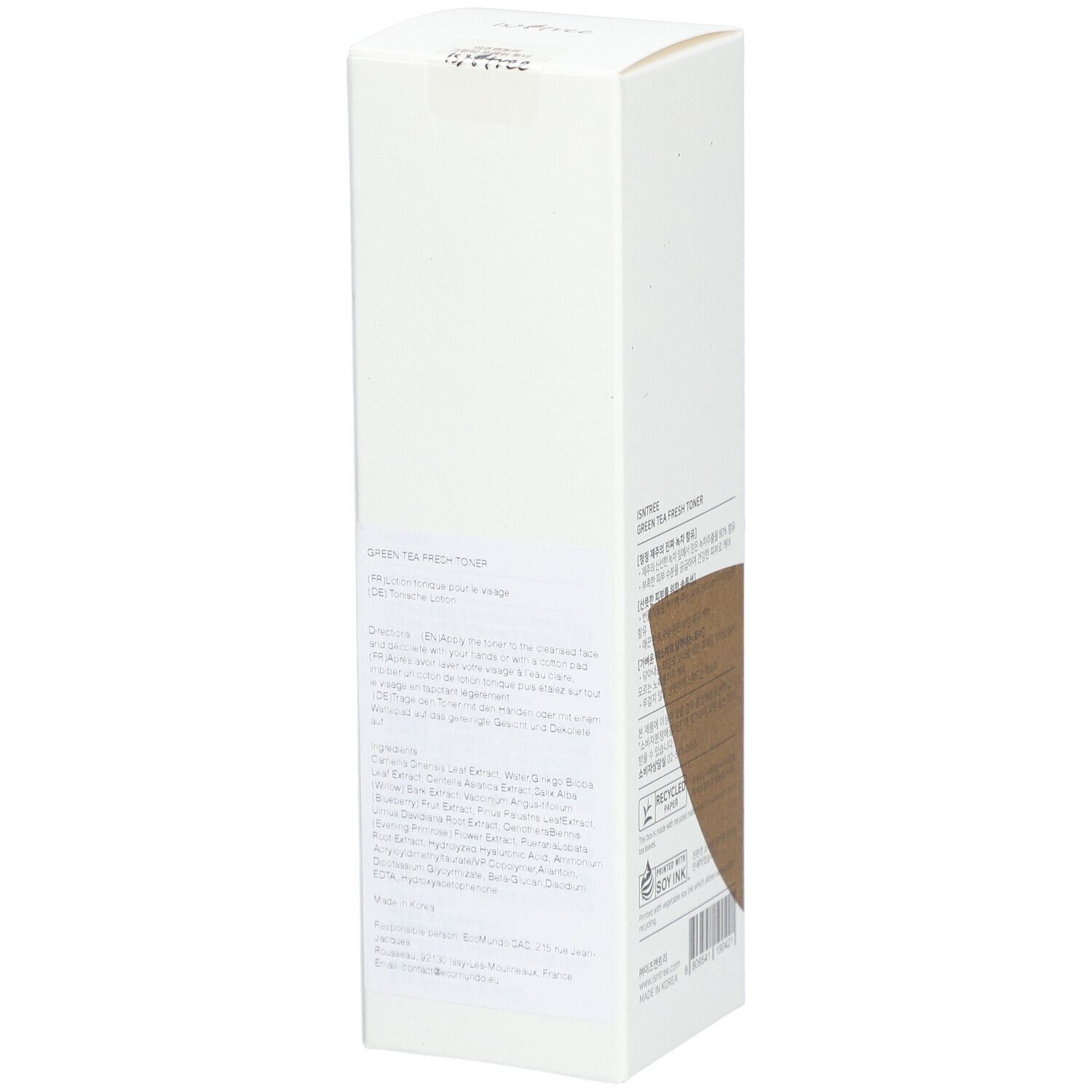 Weiße Verpackung mit braunem Akzent. Aufschrift: Green Tea Fresh Toner. Marke: Isntree.