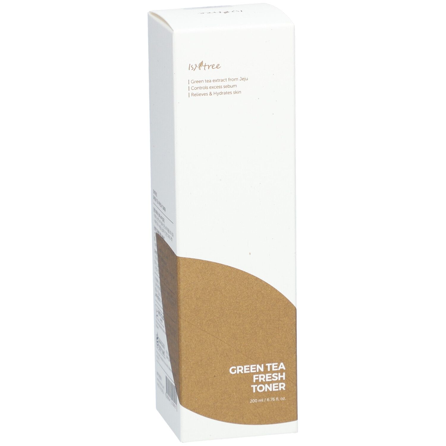 Weiße Verpackung mit braunem Akzent. Aufschrift: Green Tea Fresh Toner. Marke: Isntree.