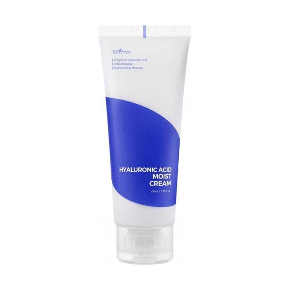 Weiße Tube mit blauem Streifen. Aufschrift: Hyaluronsäure Moist Cream. Marke Isntree.