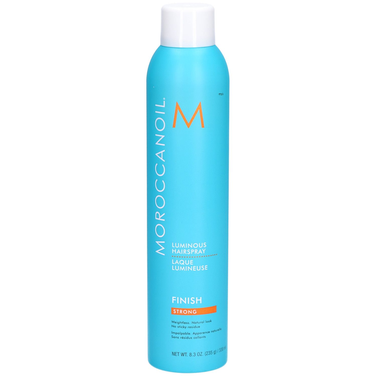 Türkisblaue Haarspray-Flasche mit weißem Deckel. MOROCCANOIL-Logo und Produktbezeichnung. "Luminous Hairspray Strong" steht auf der Flasche.