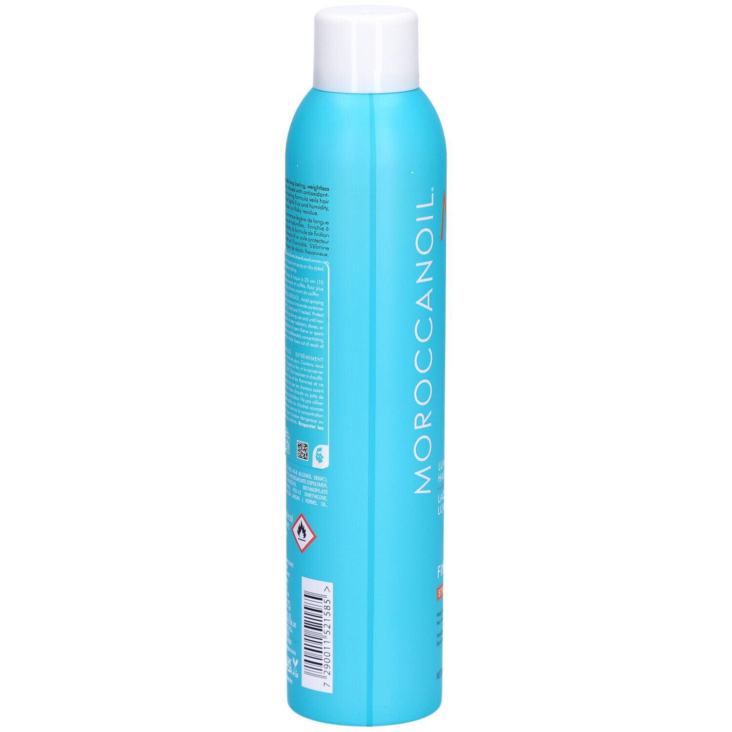 Türkisblaue Haarspray-Flasche mit weißem Deckel. Rückseite mit Text und Barcode. MOROCCANOIL-Logo.