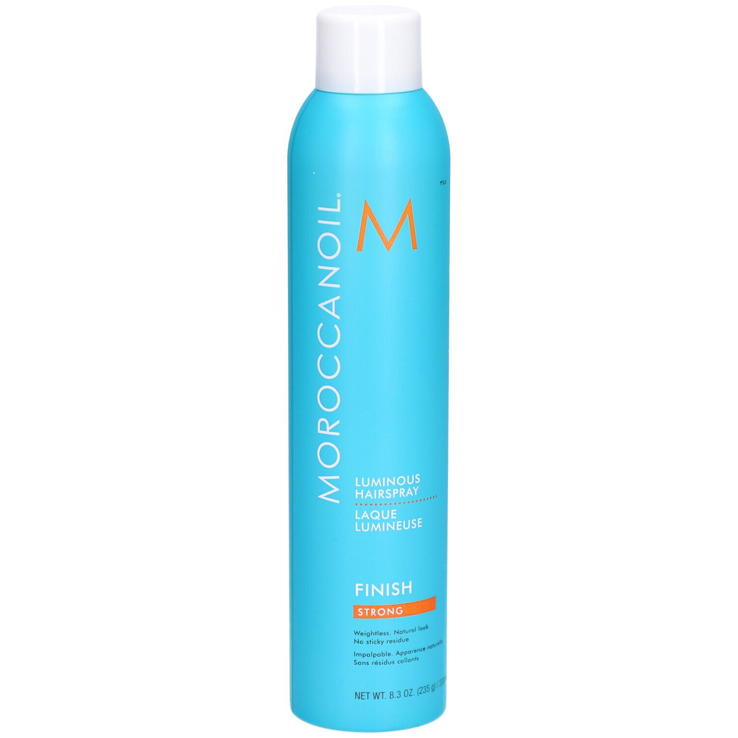 Türkisblaue Haarspray-Flasche mit weißem Deckel. MOROCCANOIL-Logo und Produktbezeichnung. "Luminous Hairspray Strong" steht auf der Flasche.