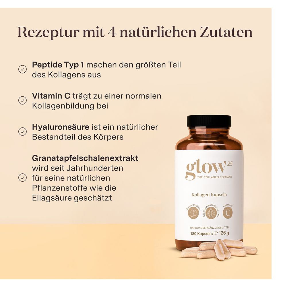 Braune Glasflasche mit Etikett, das 'Kollagen Kapseln' und Anwendungshinweise zeigt.