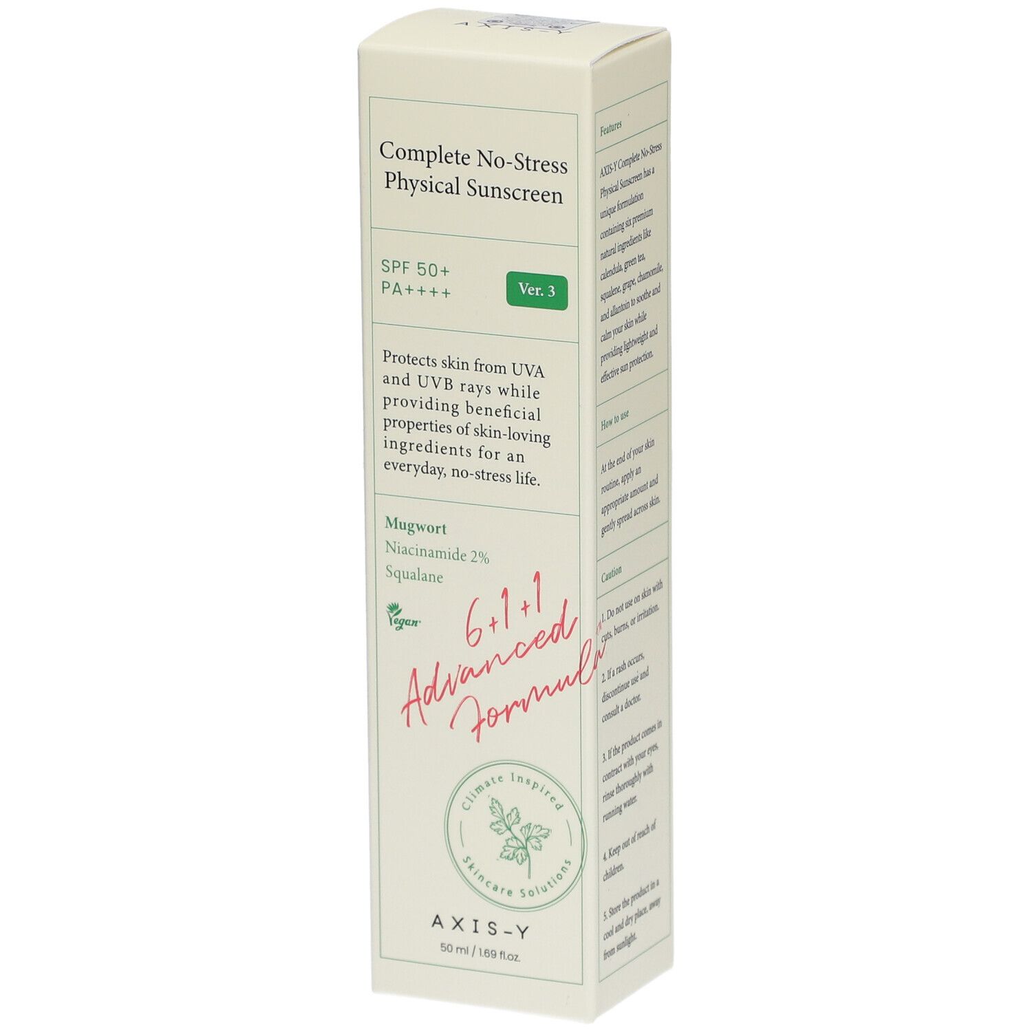 Verpackung von AXIS-Y Complete No-Stress Physical V.3 SPF 50. Weiß-grüne Schachtel mit Produktinformationen und Logo.