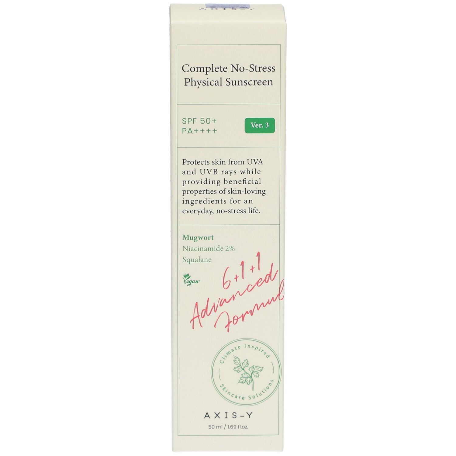 AXIS-Y Complete No-Stress Physical V.3 SPF 50 Verpackung. Weiß-grüne Schachtel mit Produktinformationen.