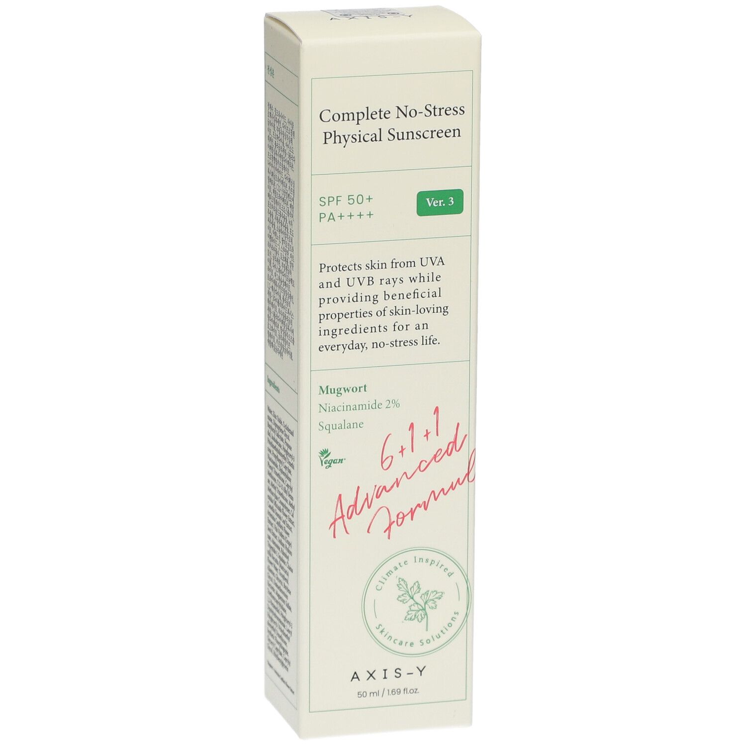 AXIS-Y Complete No-Stress Physical V.3 SPF 50 Verpackung. Weiß-grüne Schachtel mit Produktinformationen.
