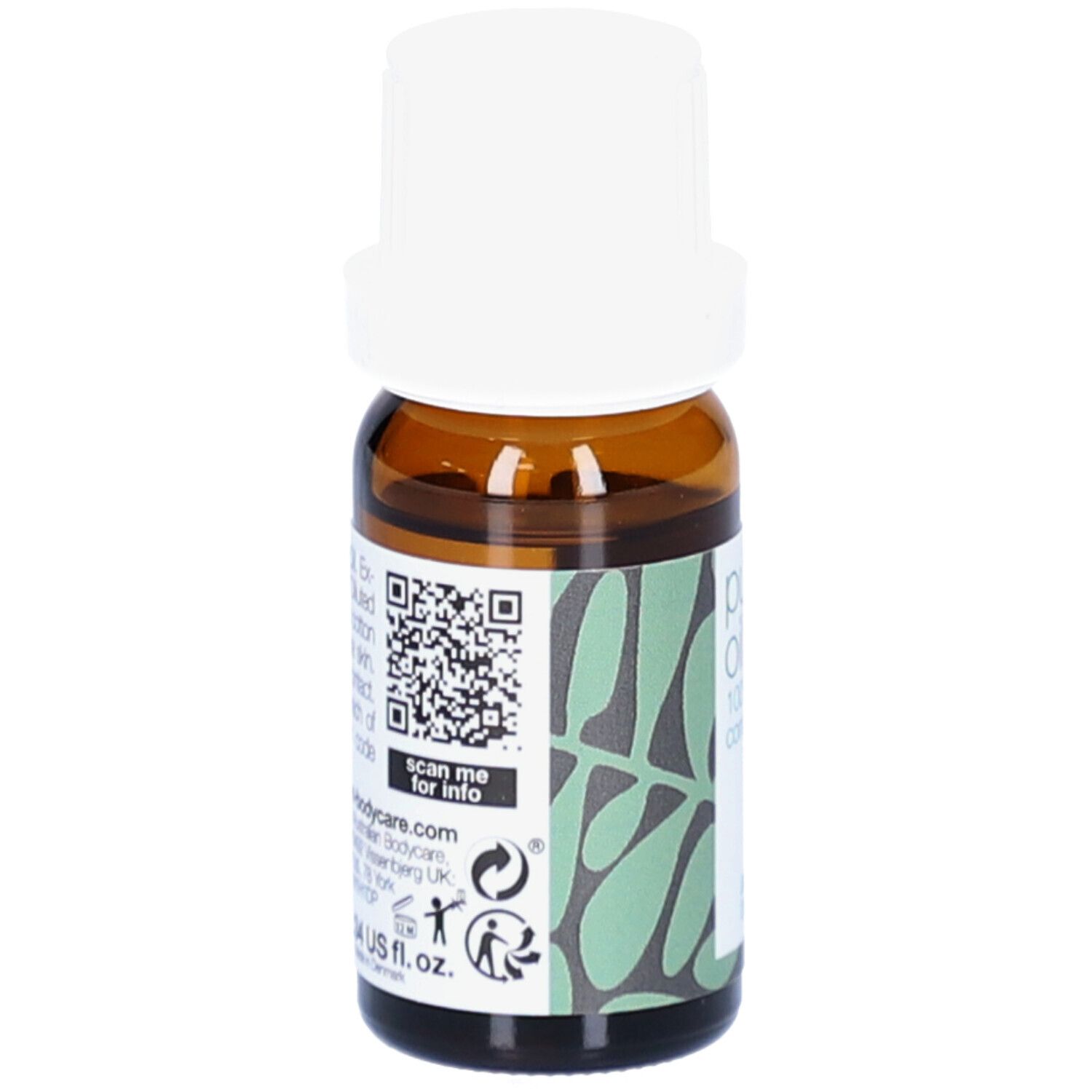 Braune Glasflasche mit weißem Deckel. Aufkleber mit QR-Code und Text. Rückseite mit grünem Muster.