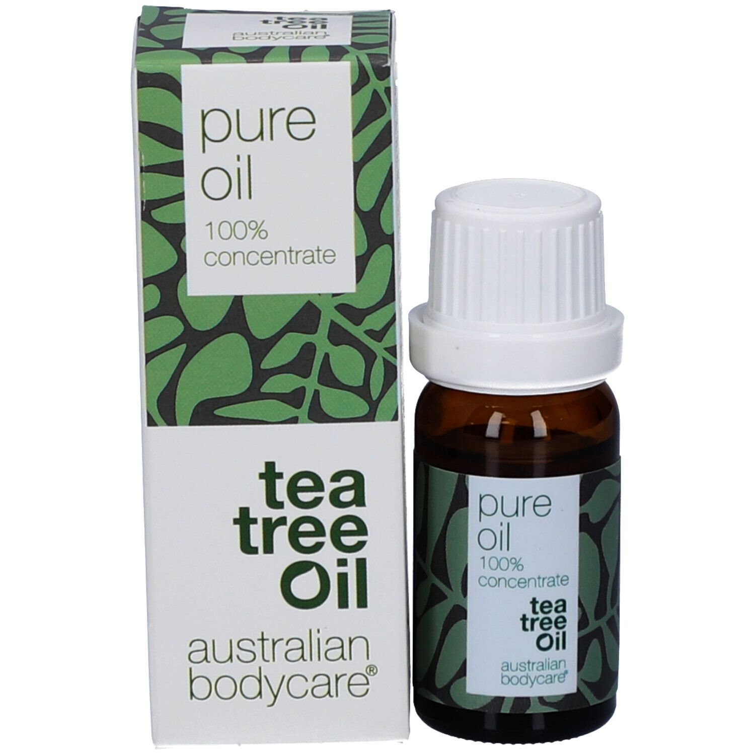 Produktflasche und Verpackung. Flasche mit weißem Deckel und Etikett. Verpackung mit Text und grünem Muster.