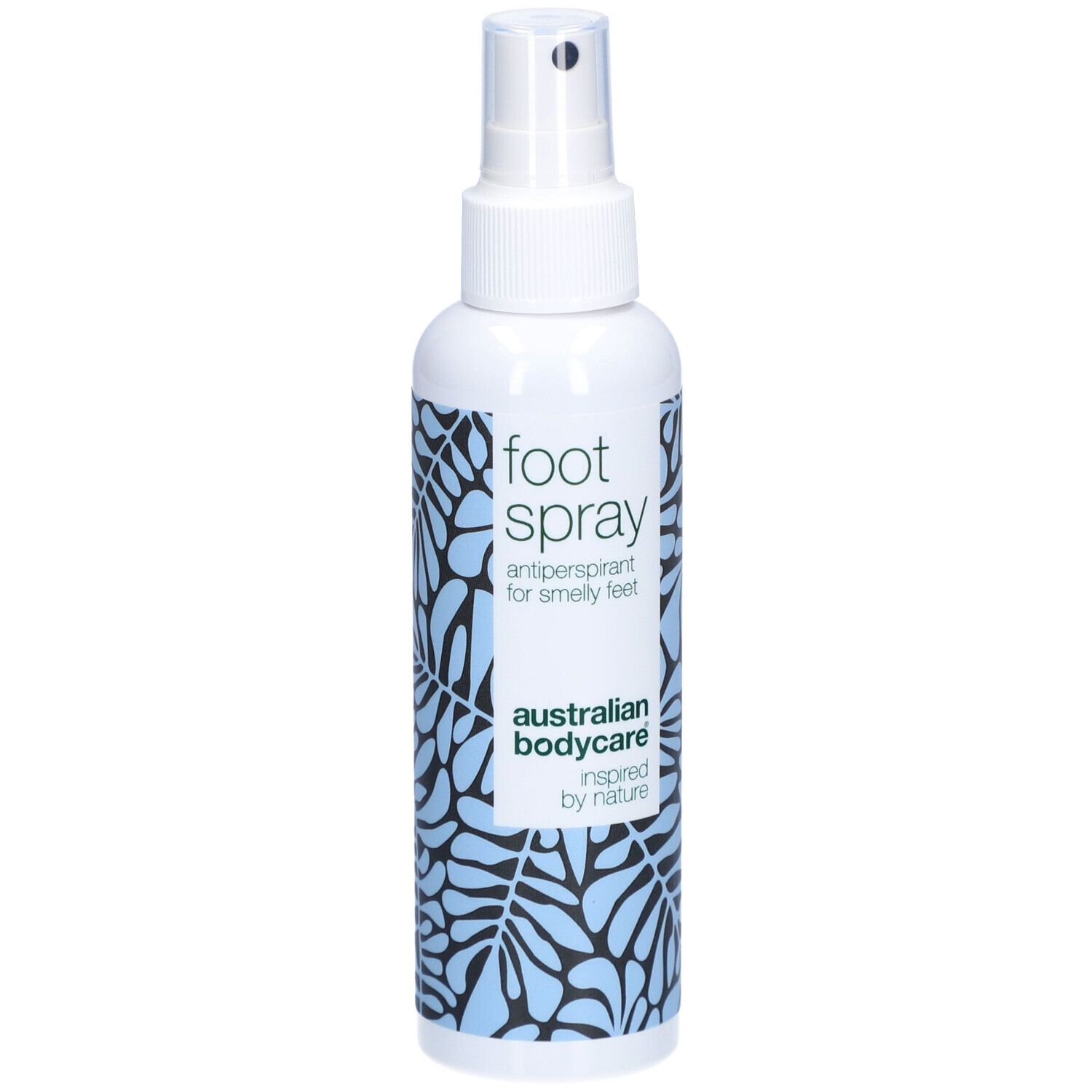 Fußspray-Flasche, weiß, mit Sprühkopf. Text: foot spray, antiperspirant for smelly feet, Australian Bodycare.