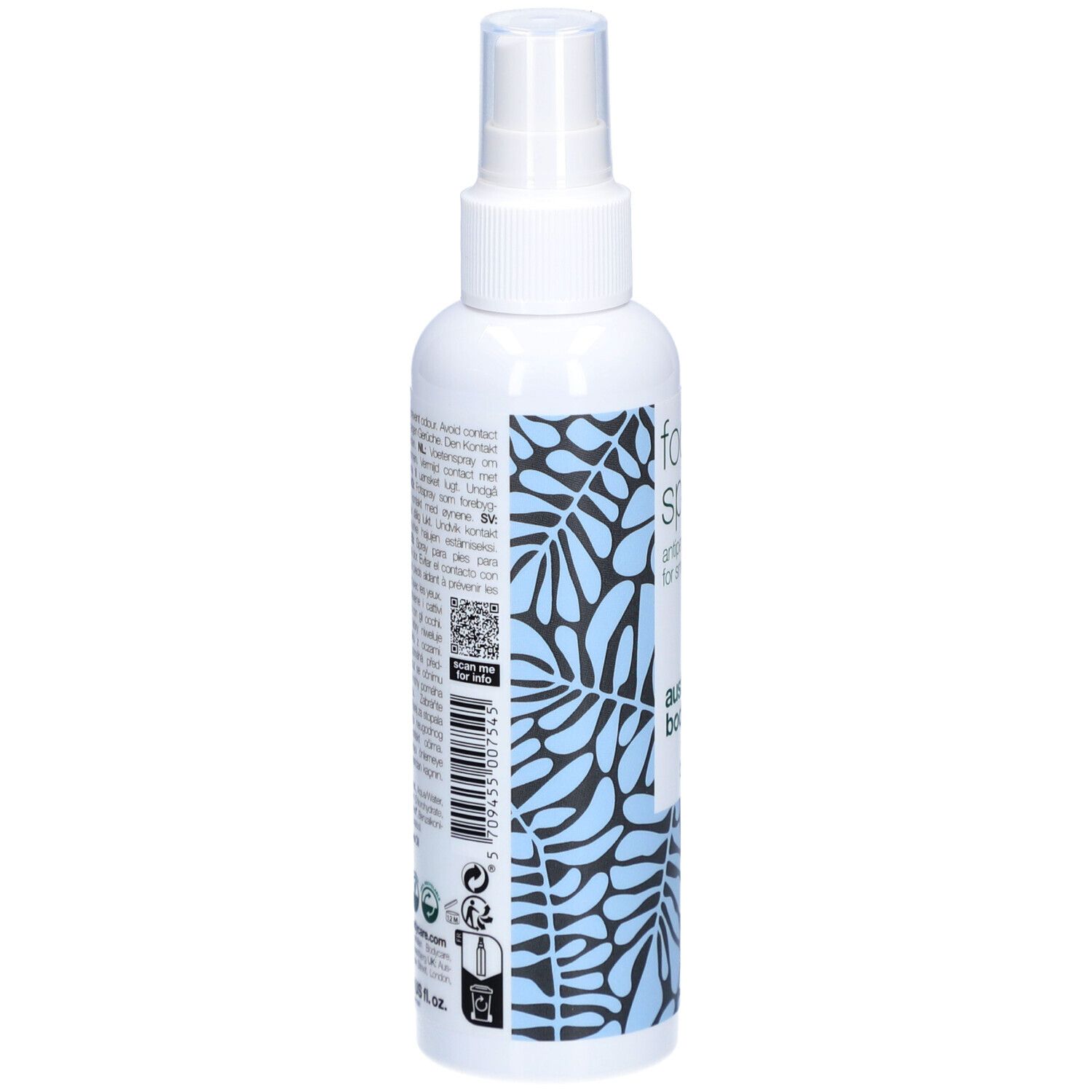 Fußspray-Flasche, weiß, mit Sprühkopf. Rückseite mit Text und QR-Code. Australian Bodycare.