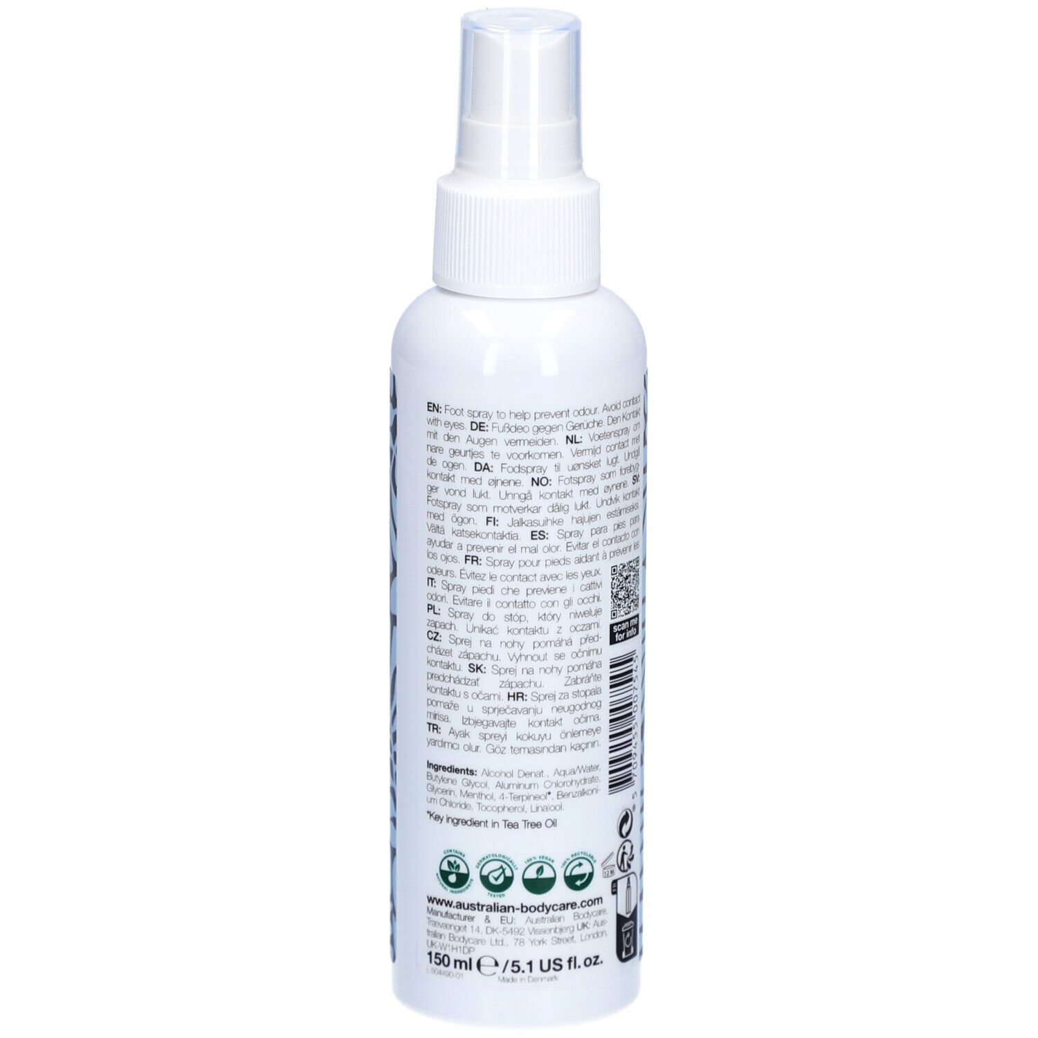 Fußspray-Flasche, weiß, mit Sprühkopf. Rückseite mit Text. Australian Bodycare, 150 ml.