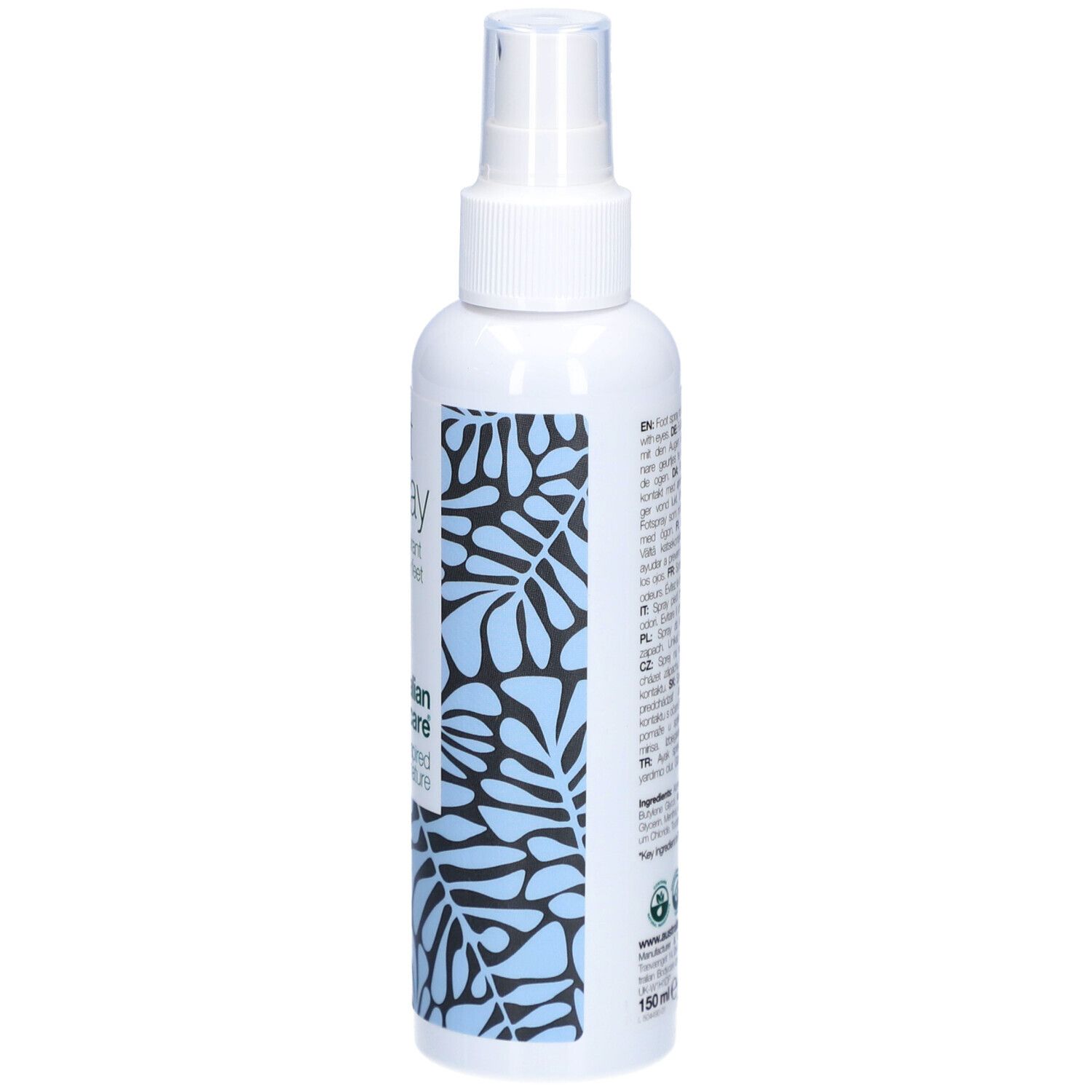Fußspray-Flasche, weiß, mit Sprühkopf. Rückseite mit Text. Australian Bodycare, 150 ml.