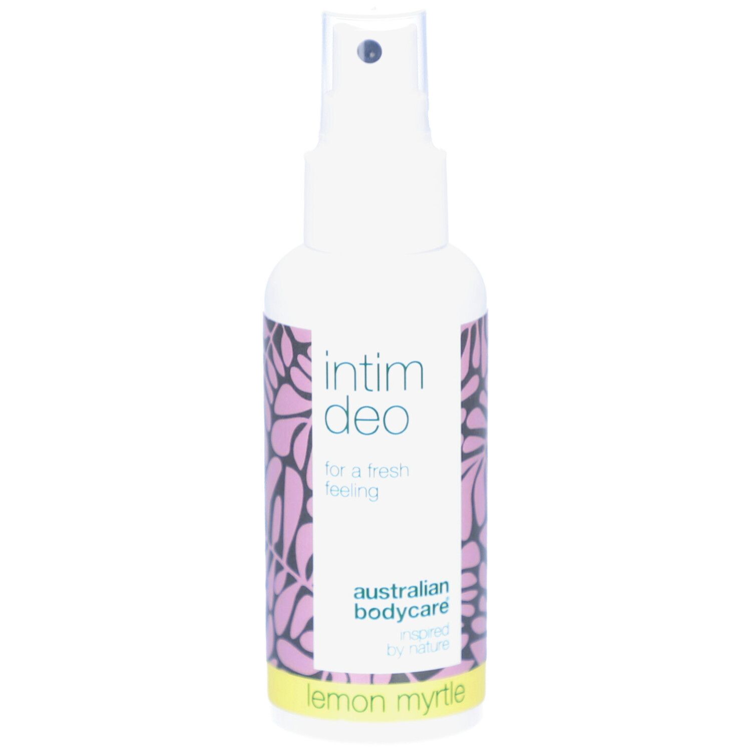 Weißes Spray mit Aufschrift Intim Deo, australian bodycare, Lemon Myrtle. Rosa Muster, gelber Streifen.
