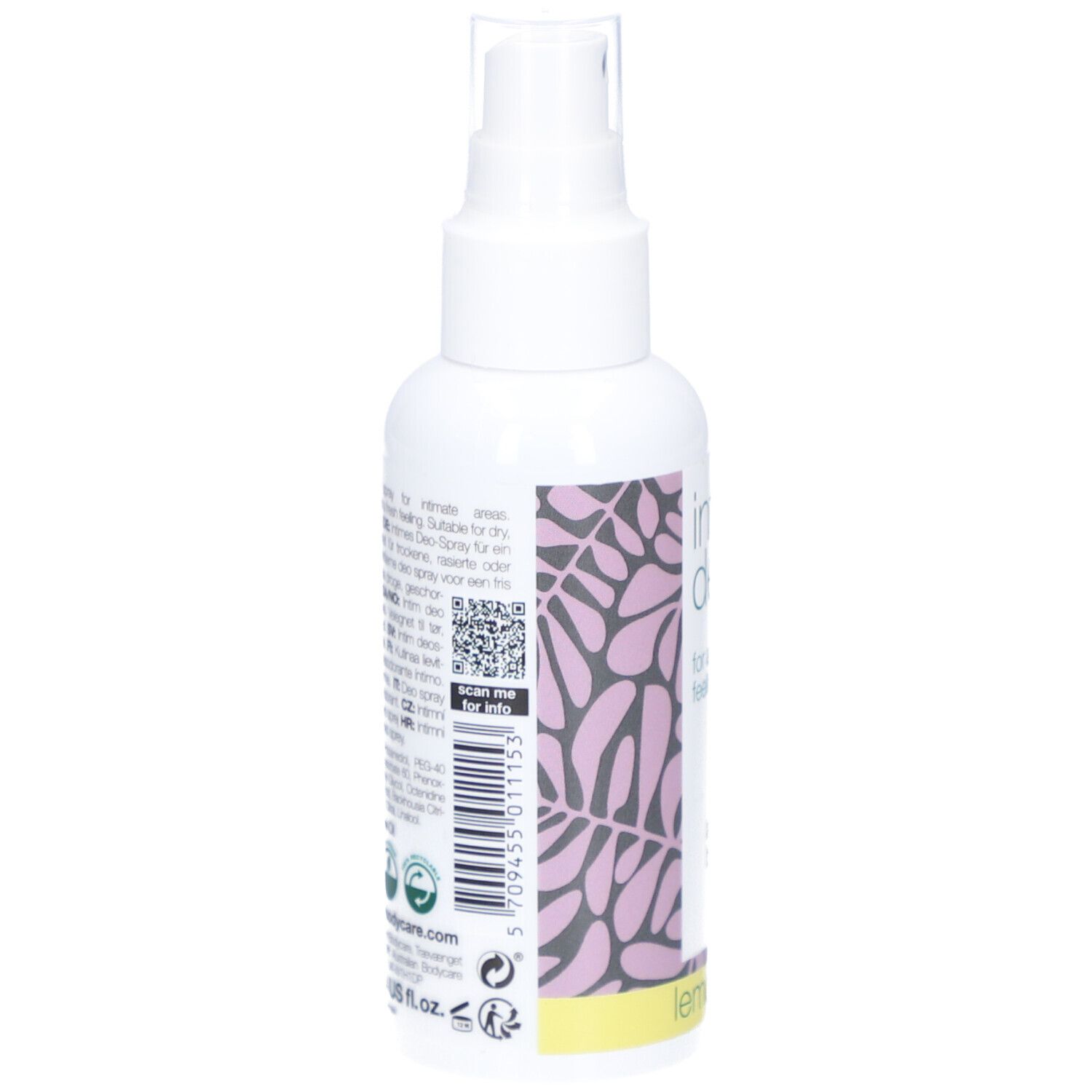 Weißes Spray, Rückseite mit Text und QR-Code. Intim Deo, australian bodycare, Lemon Myrtle. Rosa Muster.