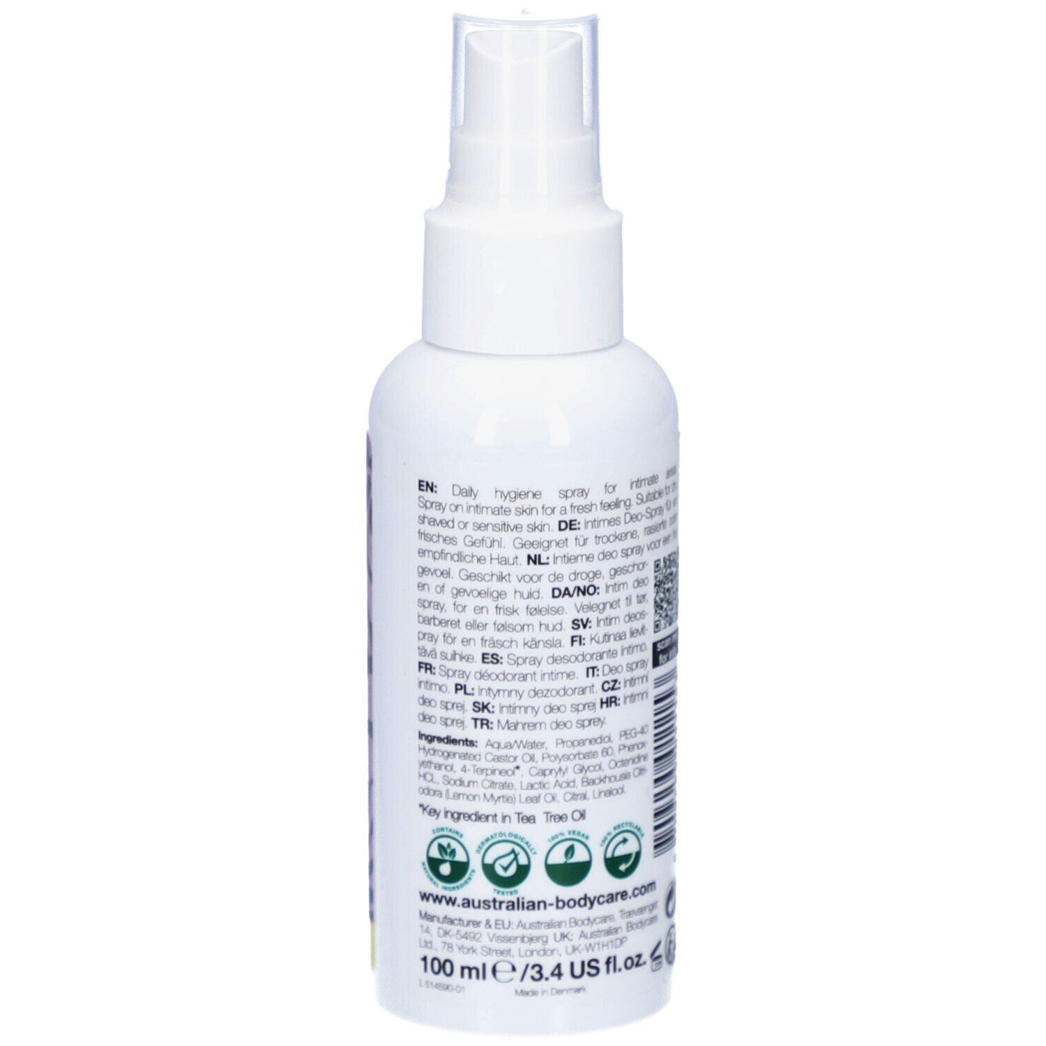 Weißes Spray, Rückseite mit Text. Intim Deo, australian bodycare, Lemon Myrtle. 100 ml/3.4 US Fl.oz.