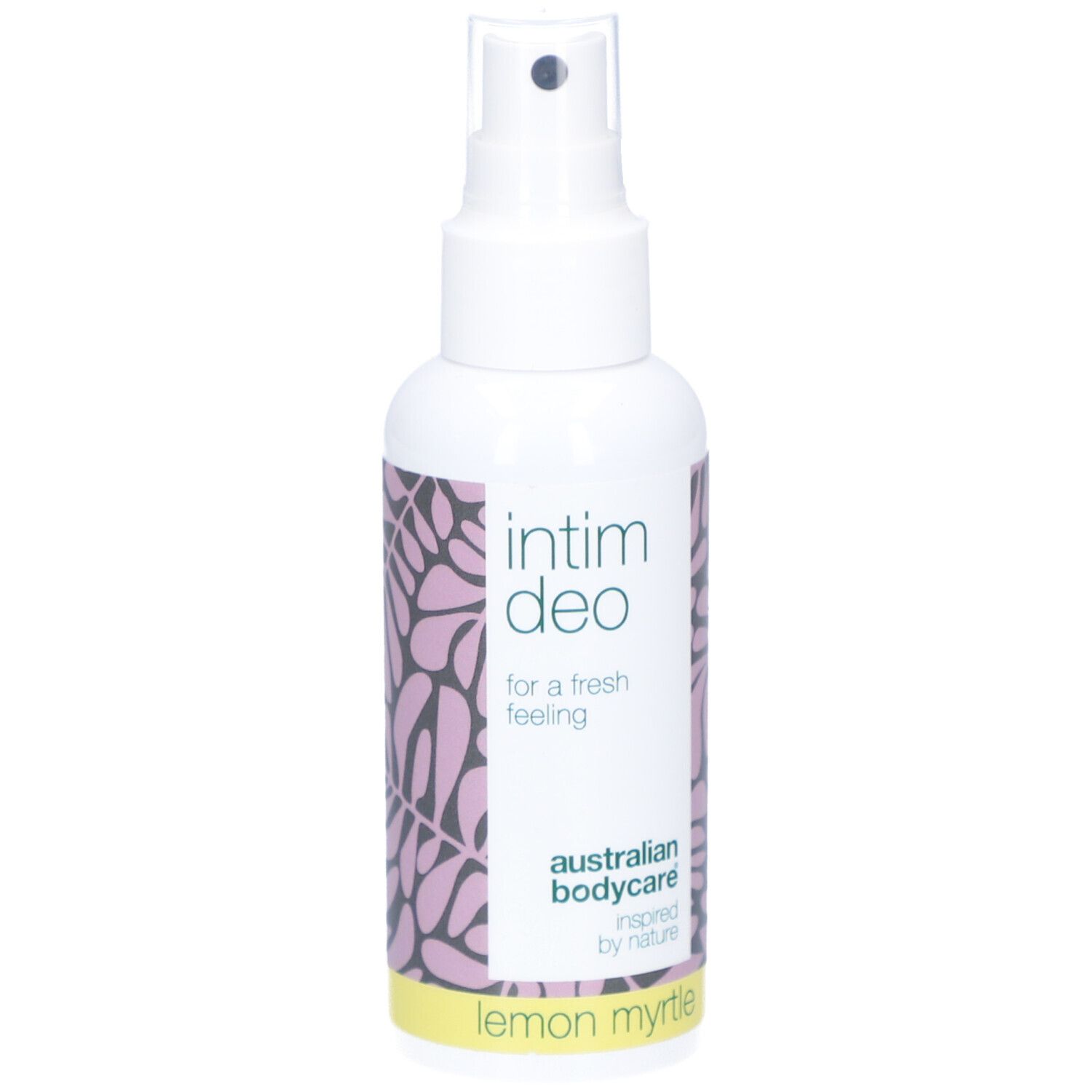 Weißes Spray mit Aufschrift Intim Deo, australian bodycare, Lemon Myrtle. Rosa Muster, gelber Streifen.