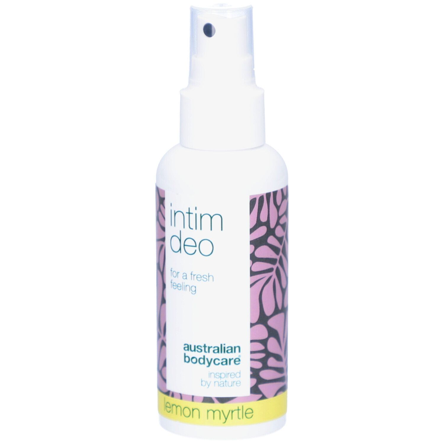 Weißes Spray mit Aufschrift Intim Deo, australian bodycare, Lemon Myrtle. Rosa Muster, gelber Streifen.