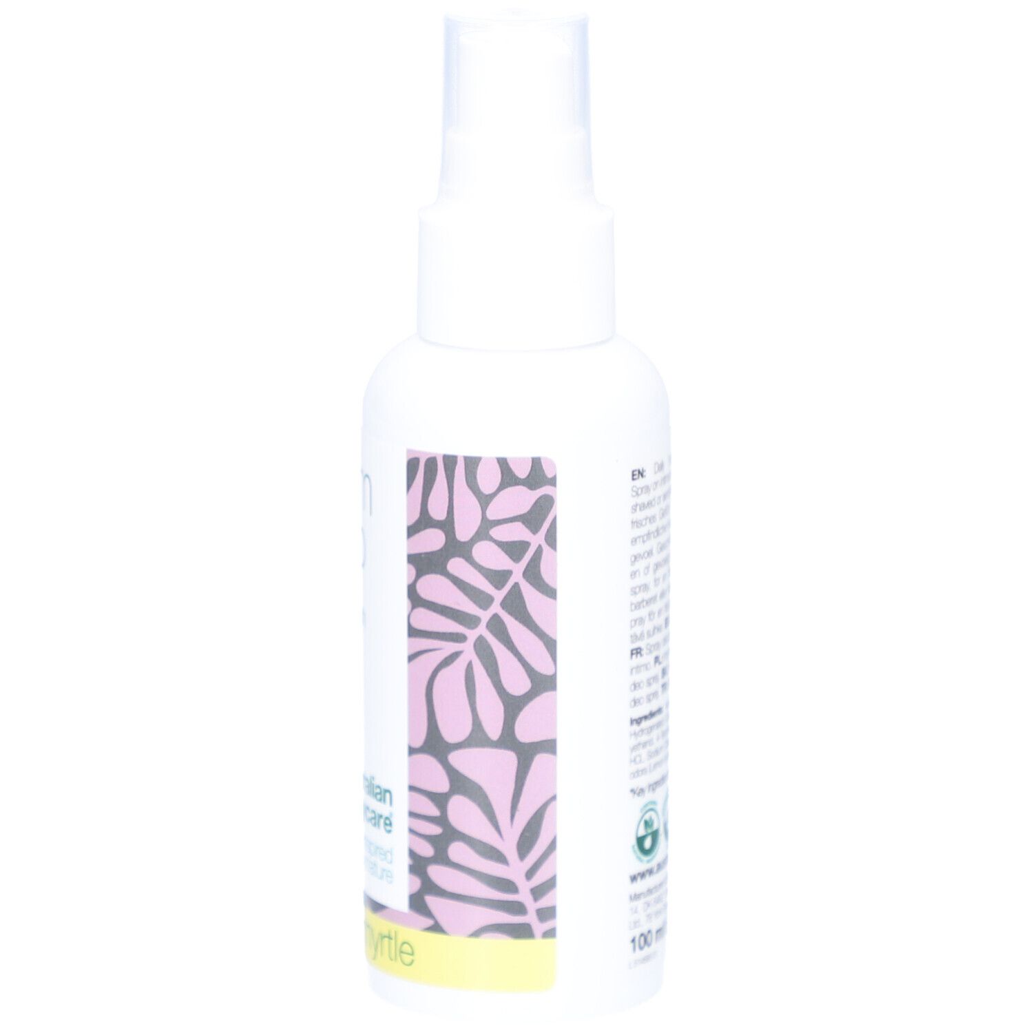 Weißes Spray, Rückseite mit Text. Intim Deo, australian bodycare, Lemon Myrtle. Rosa Muster.