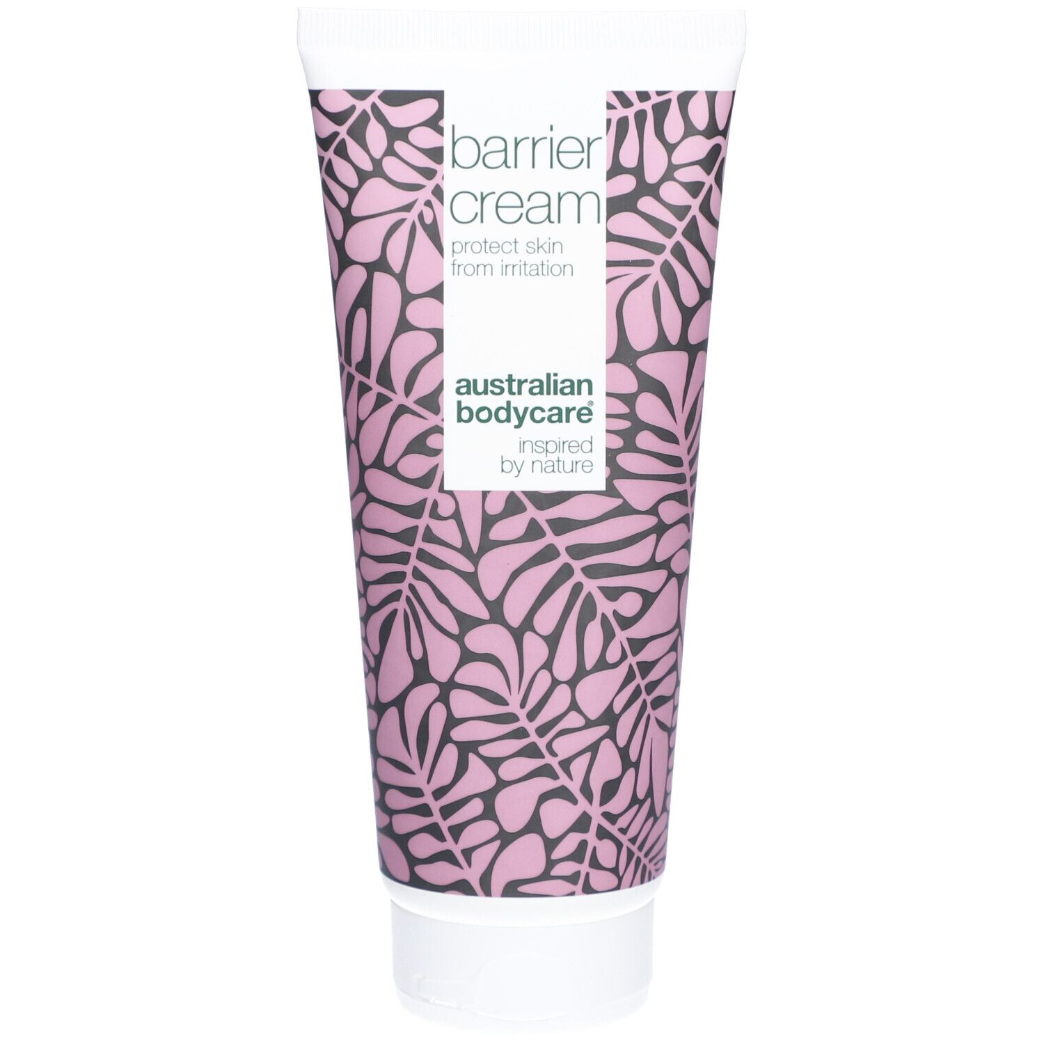 Tube Barrier Cream. Weißer Tube mit floralem Muster und Produktinformationen. Marke: Australian Bodycare.