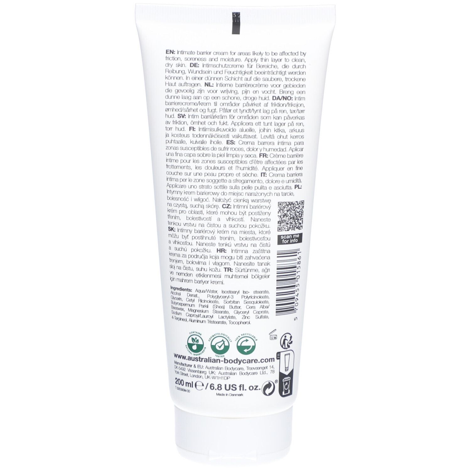 Rückseite der Barrier Cream Tube. Text in mehreren Sprachen. Enthält Inhaltsstoffe und Herstellerinformationen.