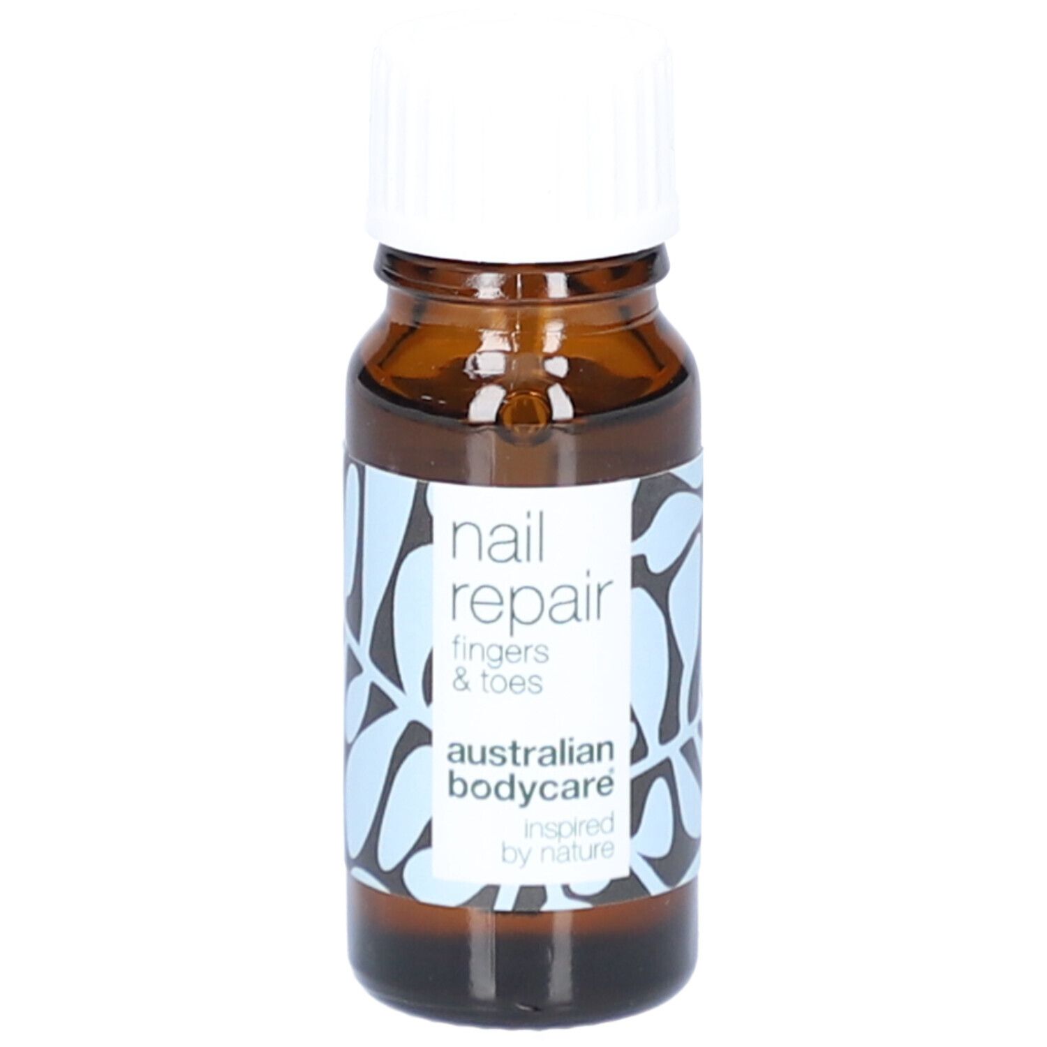 Braune Flasche mit weißem Deckel. Aufkleber mit Text: nail repair, fingers & toes, australian bodycare.