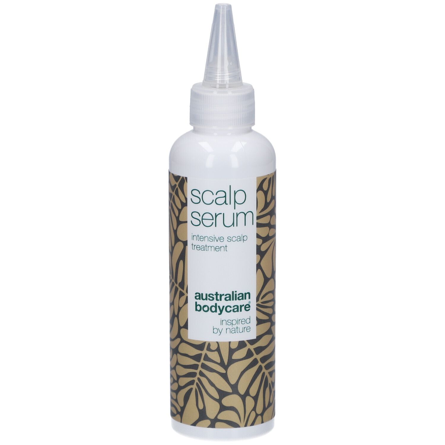 Weiße Flasche mit Applikator. Aufschrift: Scalp Serum, intensive scalp treatment. Marke: Australian Bodycare.