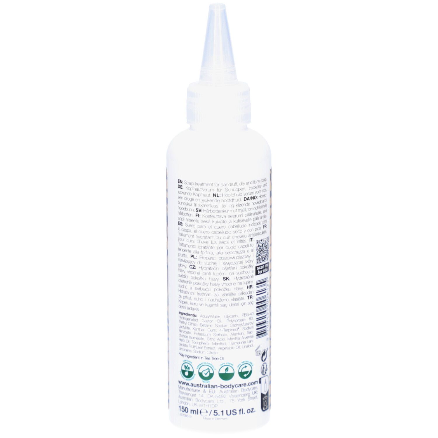 Weiße Flasche mit Serum. Aufschrift: Australian Bodycare. Spitze zum Auftragen.
