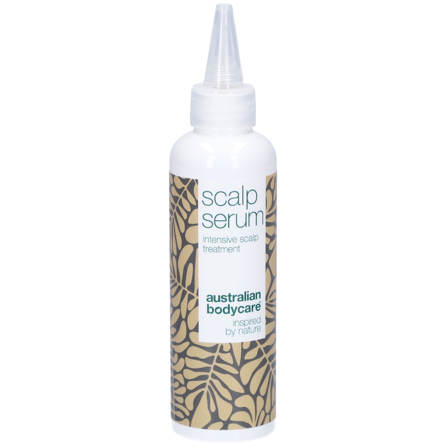 Weiße Flasche mit Applikator. Aufschrift: Scalp Serum, intensive scalp treatment. Marke: Australian Bodycare.