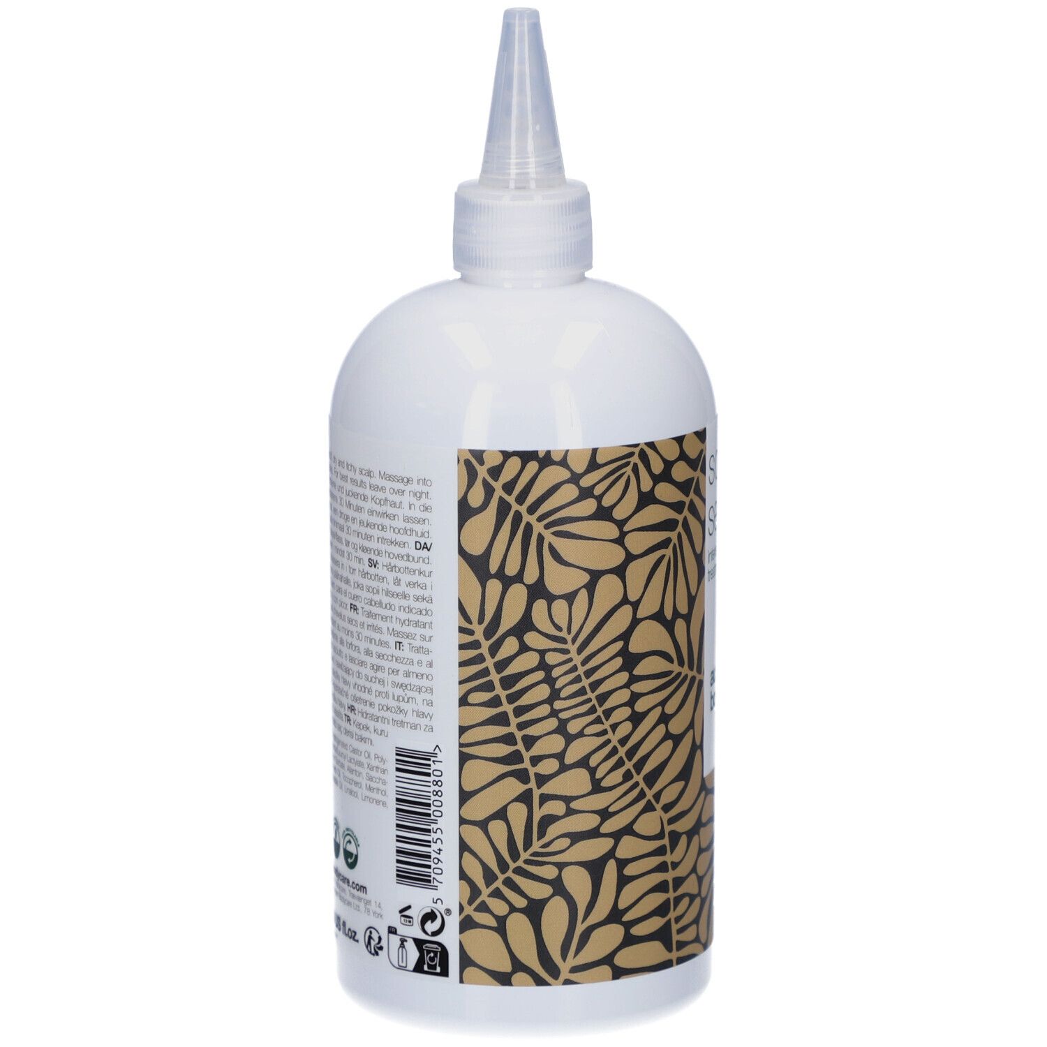 Rückseite der Serumflasche. Weiß, mit Aufdruck und Applikatorspitze. Text in mehreren Sprachen.