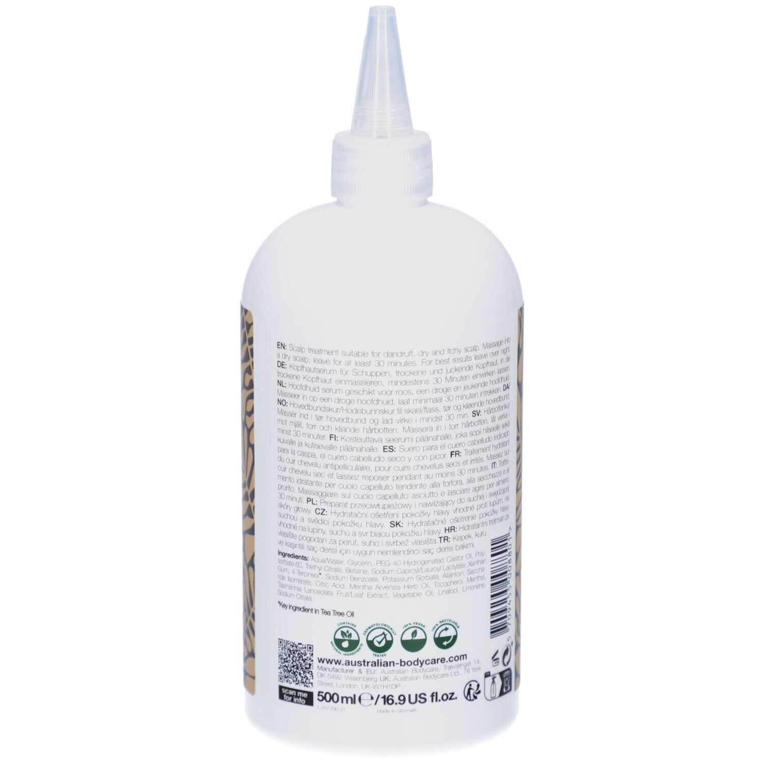 Rückseite der Serumflasche. Weiß, mit Aufdruck und Applikatorspitze. Text in mehreren Sprachen.