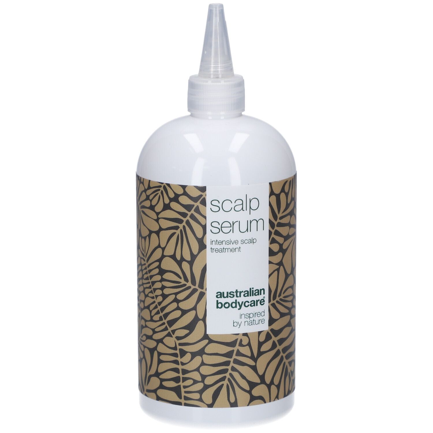 Flasche mit Serum. Weiß, mit Aufdruck und Applikatorspitze. Aufschrift: Scalp Serum, Australian Bodycare.